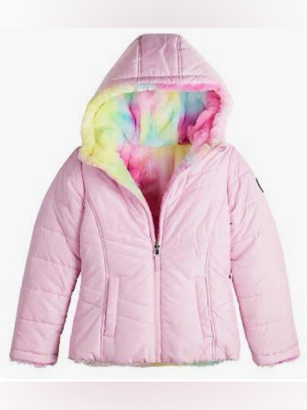 Madden Girl - Light Pink Hooded Puffer Jacket with Rainbow Faux-Fur Lining